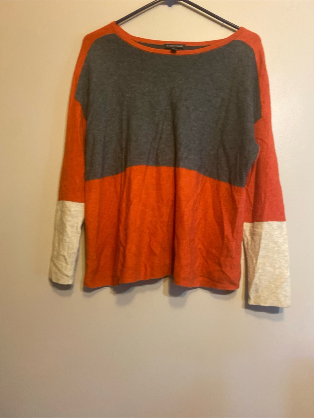 Eileen Fisher Women Size Med Color Block Merino Wool Blend Lightweight Sweater.